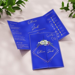 Blue-Gold Folded Wedding Invitation Template, with Limitless Color Options, Trifold Wedding Program Card, Instant Download +FREE Gift