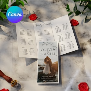 Foto Trifold Hochzeitsprogramm Vorlage: Sitzplan, Zeremonie & Timeline, bearbeitbar in Canva