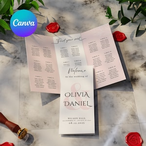 May include: A pink and white wedding seating chart with the text "Find your seat" and "Welcome to the wedding of Olivia & Daniel". The chart lists tables with guest names and the date of the wedding, August 12, 2025.