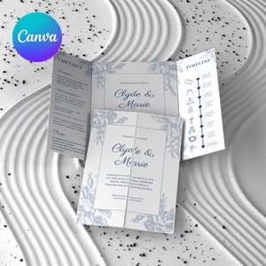 Blau-weiße florale Hochzeitseinladung, Einladungsdesign mit Antwortkarte und Zeitleiste, personalisierbar und druckbar