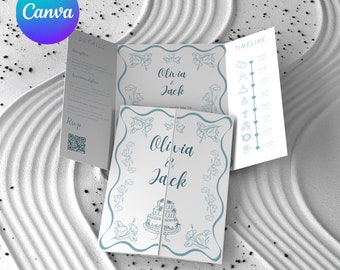 Floral Gate Fold Wedding Invitation Template: Whimsical Timeline, Canva (PDF)