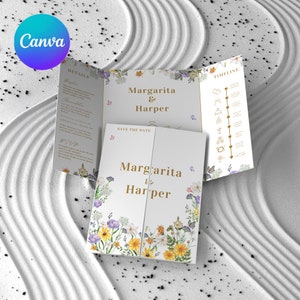 Elegance Gatefold Hochzeitseinladung, gefaltete Hochzeitseinladung Vorlage, bearbeitbare Canva Vorlage