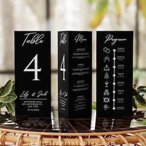Modelo de cartão de número de mesa de casamento preto, sinal de mesa triangular, número de mesa de casamento com três dobras, menu e cartão de linha do tempo, + presente grátis