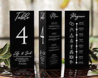 Black Wedding Table Number Card Template, Triangle Table Sign, Trifold Wedding Table Number, Menu and Timeline Card, +FREE Gift
