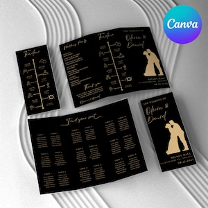 May include: Black and gold wedding invitation suite with a timeline, wedding party information, seating chart, and a silhouette of a couple. The text reads "The Wedding of Olivia & Daniel" and "Wilson Hall, 123 Anywhere St., Anycity, 08.12.2025".