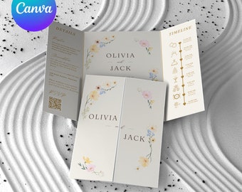Pastel Floral Wedding Invitation Template, Soft and Elegant Gatefold Design with RSVP & Timeline, Editable Canva Wedding Stationery Template