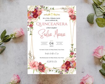 Red Flowers Quinceanera Invitation Template: Editable Tiara Party Invite (PDF)