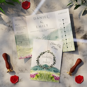 Modèle de faire-part de mariage plié sur le thème de la verdure pour une célébration inspirée de la nature