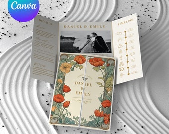 Floral Gatefold Wedding Invitation Template: Editable Canva Stationery