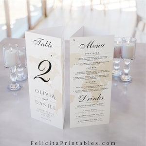 Dreifach gefaltetes Hochzeitstischschild, Reisedreieck-Tischnummer, Menü- und Programmkarte, jetzt sofort herunterladen, % 100 bearbeitbare Vorlage