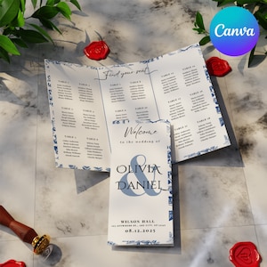 Plantilla de programa de boda tríptico azul: plano de asientos, ceremonia y cronograma, editable en Canva