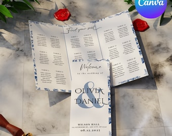 Blue Trifold Wedding Program Template: Seating Chart, Ceremony, & Timeline, Editable in Canva