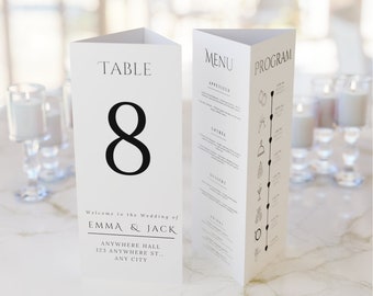 Modern Wedding Triangle Table Number Template, Wedding Menu, Program and Table Number Sign, Trifold Table Stand, INSTANT Download +FREE Gift