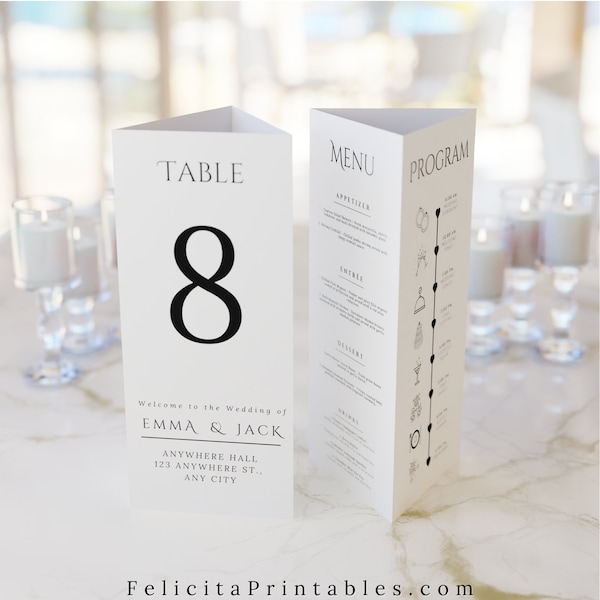 Modern Wedding Triangle Table Number Template, Wedding Menu, Program and Table Number Sign, Trifold Table Stand, INSTANT Download +FREE Gift