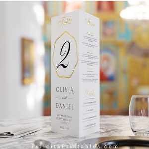 Goldene dreifache Hochzeitsmenüvorlage, Dreieck Hochzeitstischschild, Hochzeitstischnummer, Menü und Zeitleiste, druckbare Vorlage + GRATIS Geschenk
