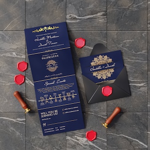 Luxe-gevouwen bruiloft uitnodiging sjabloon | Concertina bruiloft uitnodigen kaart | Bewerken met Canva