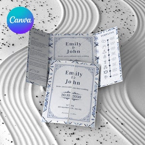 Plantilla elegante de invitación de boda en azul y blanco, diseño personalizable de Canva con RSVP y cronograma, plantilla de papelería atemporal