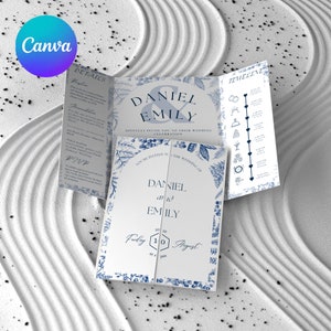 Plantilla de invitación de boda plegable azul, invitación de boda plegable editable, bricolaje con Canva para bodas elegantes