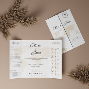 Ziel- Gefaltete Hochzeitseinladungsvorlage, Dreifach gefaltete Programmkartenvorlage, Gatefold-Reisethema-Einladungskarte, SOFORTIGER Download