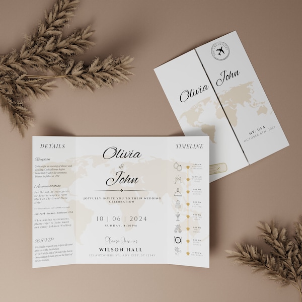 Destination- Folded Wedding Invite Template, Trifold Program Card Template, Gatefold Travel Theme Invite Card, INSTANT Download