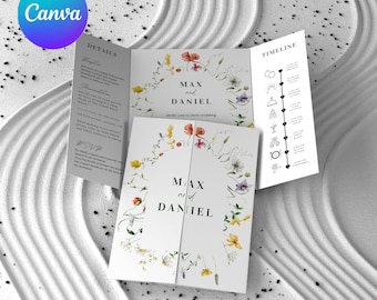 Floral Gatefold Wedding Invitation Template - Fully Editable Canva Design with Timeline & Photo