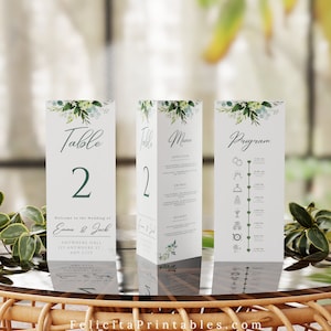 Greenery Wedding Triangle Table Number Template, Menu and Program - Printable and Customizable +FREE Gift