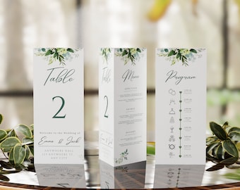 Greenery Wedding Triangle Table Number Template, Menu and Program - Printable and Customizable +FREE Gift