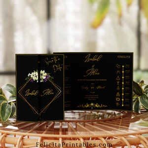 Black and Gold Gatefold Wedding Invitation Template (Instant Download)