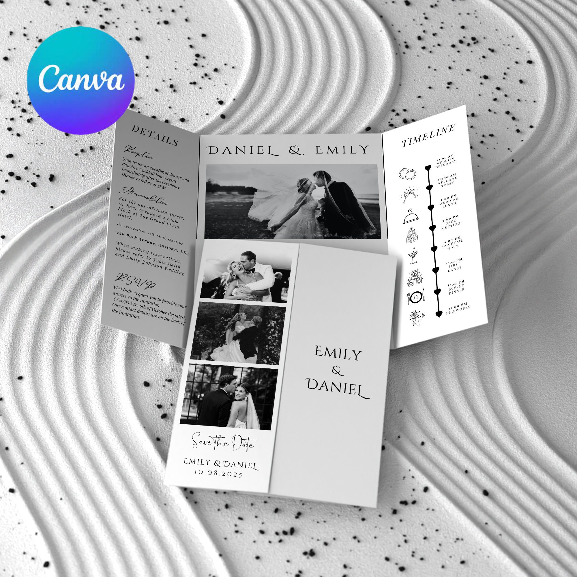 Photo Gatefold Wedding Invitation Template, Photo Booth Strip Folded Invitation, Editable Canva Template