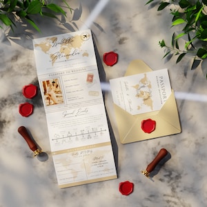 Modelo de convite de casamento sanfona do destino | Convite de casamento do passaporte | tudo em um convite de casamento dobrado | Editar no Canva | +Presente