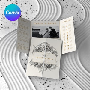 May include: A tri-fold wedding invitation with a floral design in black and white. The invitation features a photo of the couple, a timeline of the wedding day, and details about the ceremony and reception. The text on the invitation reads "Daniel & Emily" and "With love, we invite you to celebrate our wedding".