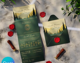 May include: A green and gold wedding invitation with a forest scene and the text "Together with our families, Carmella Martinez & Daniel Turner, Friday, 4:30PM, 06/08/20XX, Special Events, Will you be joining us?"
