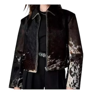 Echte Rindsleder Lederjacke für Damen | Natürlicher Hair-On Kuhfell Fell | Echt Kuh Pelz Westernjacke | Handgefertigte Boho Leder Oberbekleidung