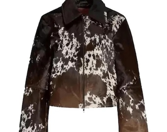 Women’s Genuine Cowhide Leather Jacket | Hair-On Cow Fur Coat | Western Boho Real Leather Outerwear | Handmade Cowhide Jacket