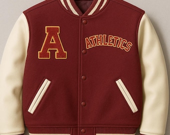 Custom Maroon Varsity Jacket with Chenille Embroidery – Personalized Letterman Jacket with Cream Sleeves – Retro High School Style Jacket