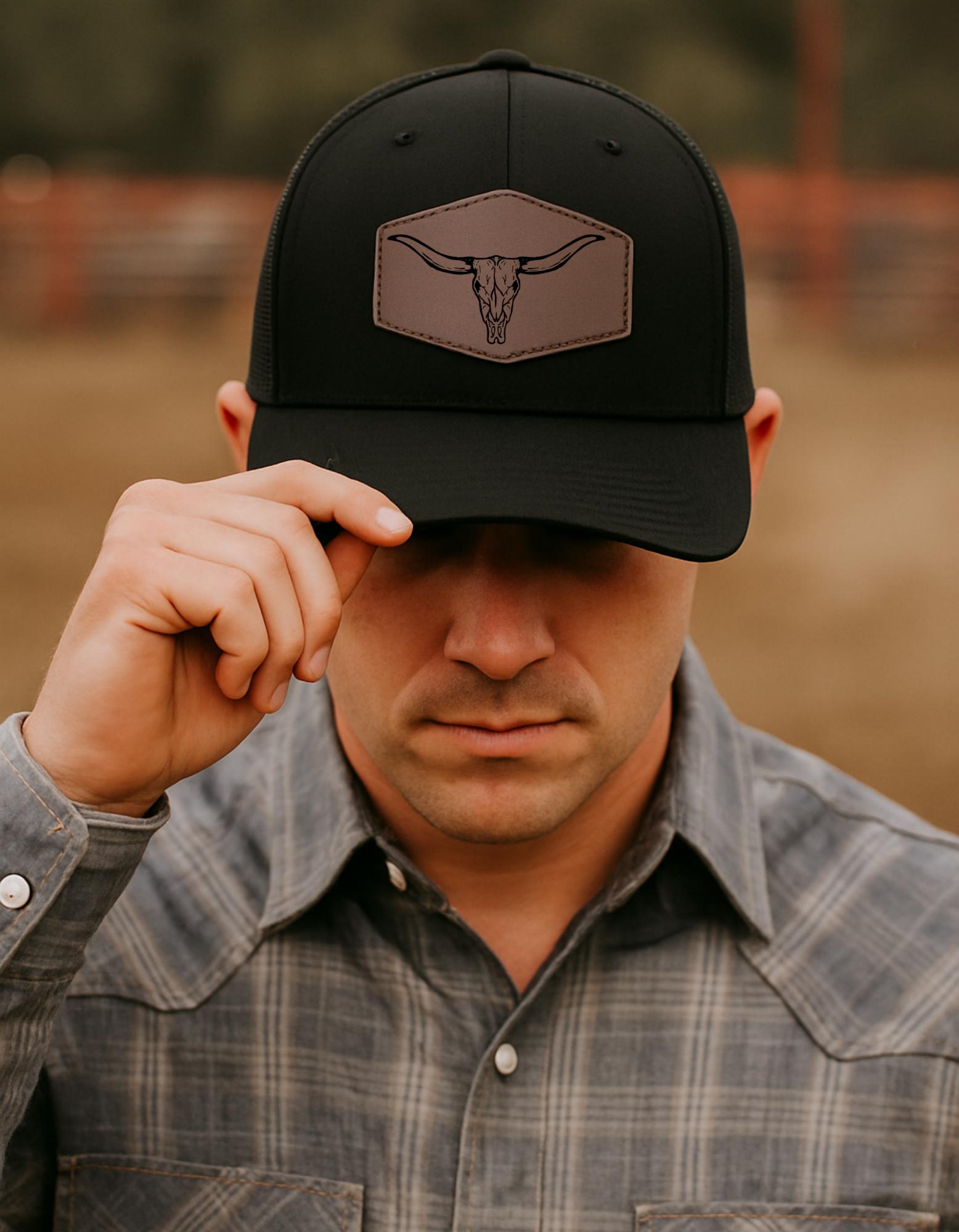 Bull Skull Leather Patch Hat: Western Rodeo Snapback Trucker  display picture 1