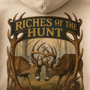 May include: A beige hoodie featuring a graphic print of two deer with antlers facing each other in a forest. The text "RICHES OF THE HUNT" appears in a dark banner above the deer, and a small book with a cross symbol is visible at the bottom.