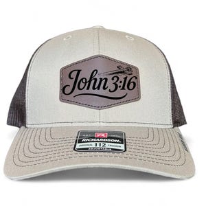 Christian Trucker Hat John 3:16 – Richardson 112 Hat with Real Leather Patch – Bible Verse Hat for Men – Christian Gift for Him