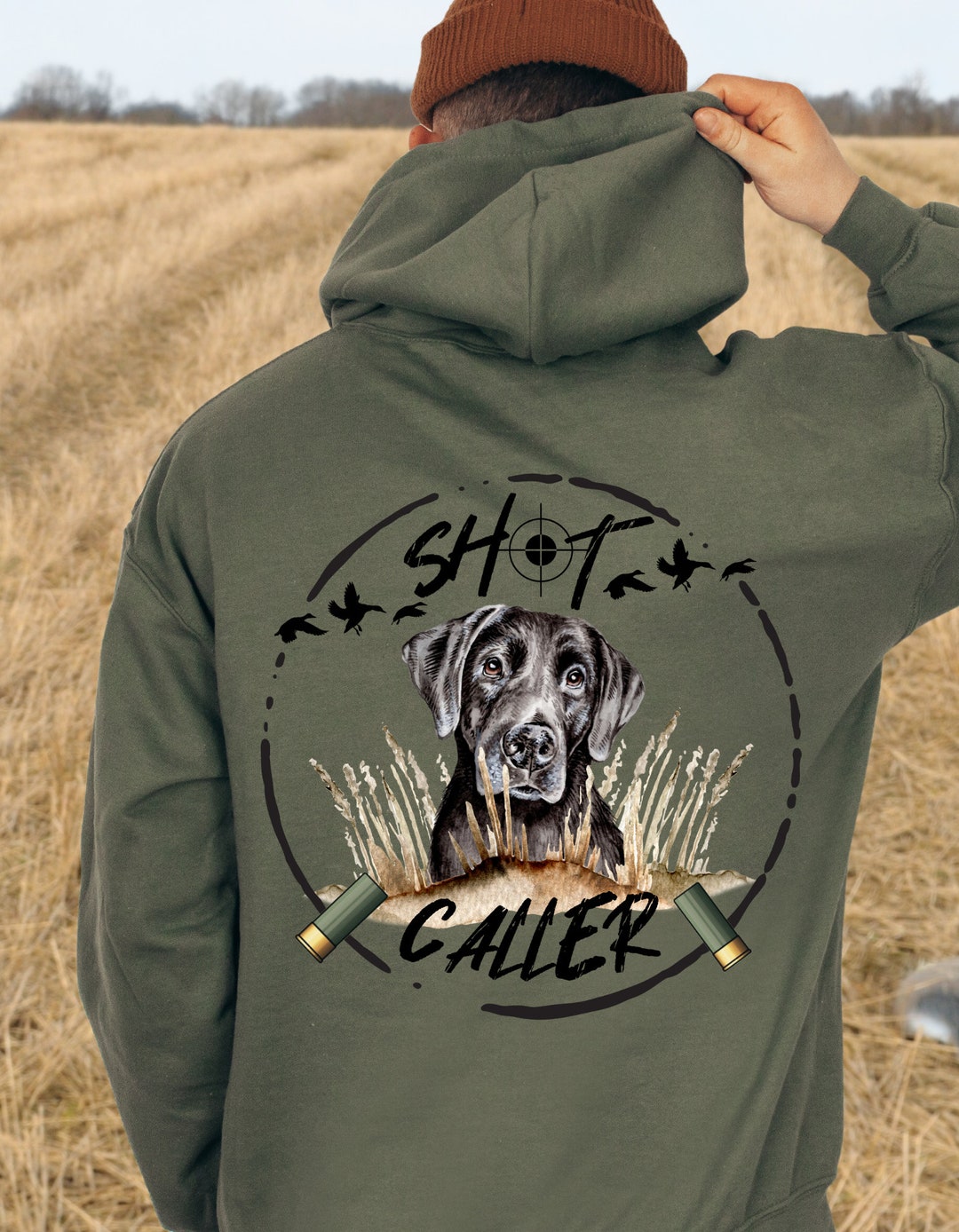 Men's Shot Caller Mens Hoodie, Duck Hunting, Hunting Bird Dog, Duck Call, Black Labrador