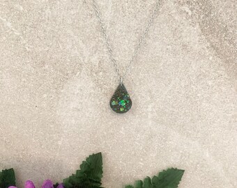 Dark Tear Drop Resin Pendant on Silver Necklace