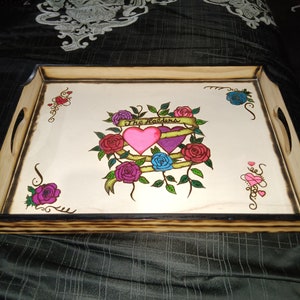 Handrawn n handburned colored pyrography woodburned tray