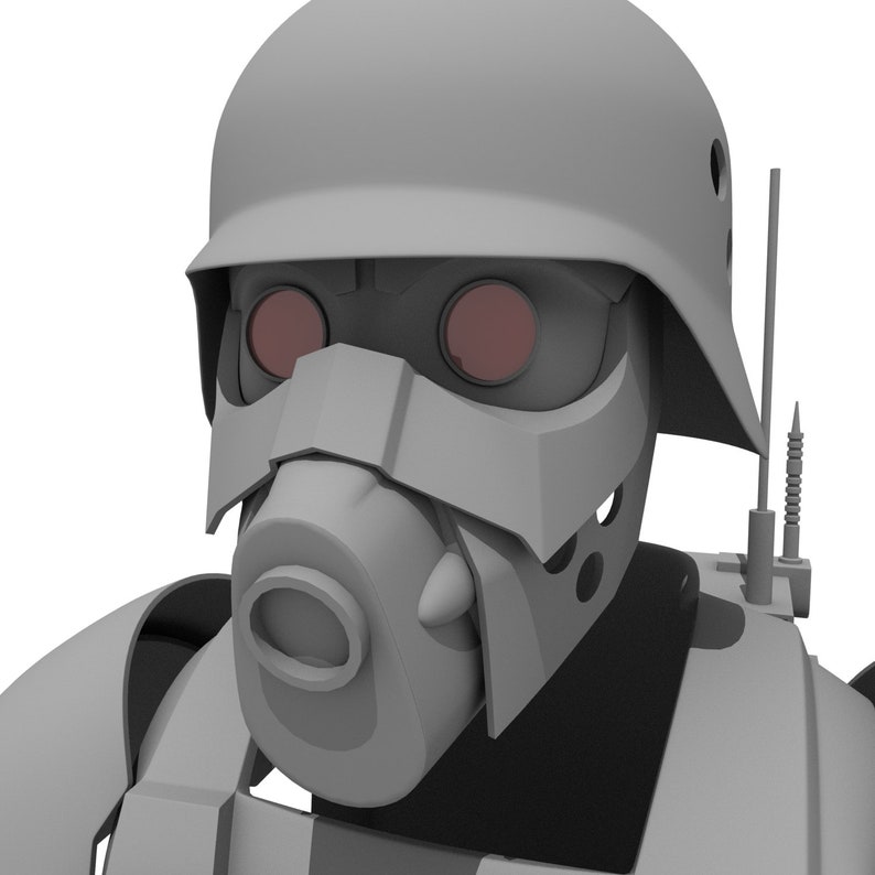 Puede incluir: Un casco gris futurista con una m&aacute;scara de respiraci&oacute;n y lentes oculares te&ntilde;idas de rojo. El casco tiene una parte superior redondeada y un dise&ntilde;o r&iacute;gido y angular. Una peque&ntilde;a antena est&aacute; unida al costado.