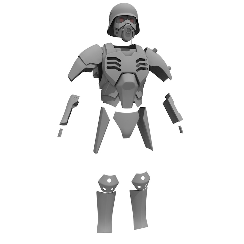 Puede incluir: Un conjunto de armadura futurista gris desmontada, que incluye un casco con respirador y lentes rojas, peto, hombreras, piezas de brazo y pierna. La armadura est&aacute; dise&ntilde;ada con &aacute;ngulos agudos y una construcci&oacute;n segmentada.