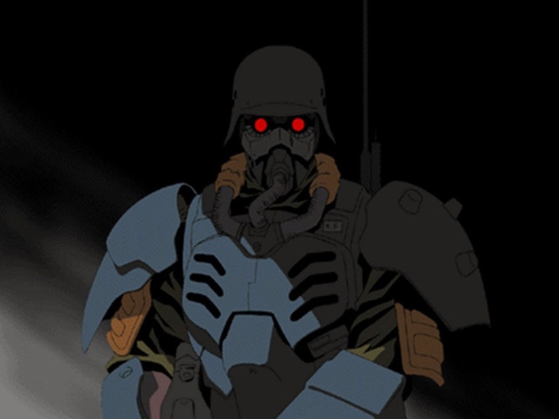 Puede incluir: Ilustraci&oacute;n animada de un soldado con casco oscuro y m&aacute;scara de gas con ojos rojos brillantes. El soldado lleva un traje blindado azul y gris con detalles en naranja, sobre un fondo oscuro.