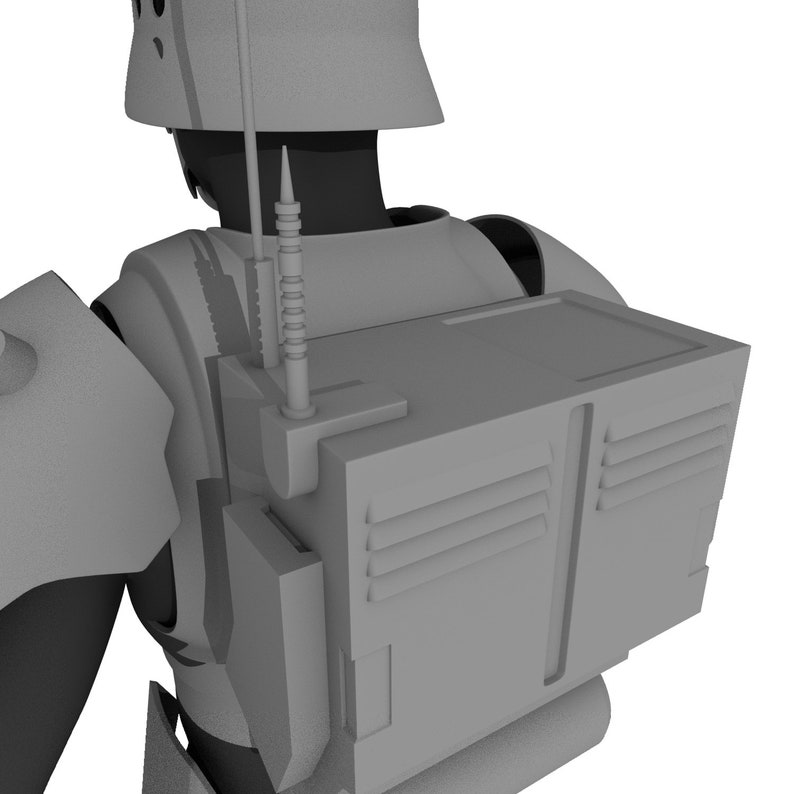 Puede incluir: Una mochila gris de aspecto futurista, con un dise&ntilde;o rectangular y l&iacute;neas verticales. La mochila tiene una antena alta y est&aacute; sujeta a un casco y una armadura grises. La imagen es una representaci&oacute;n 3D.