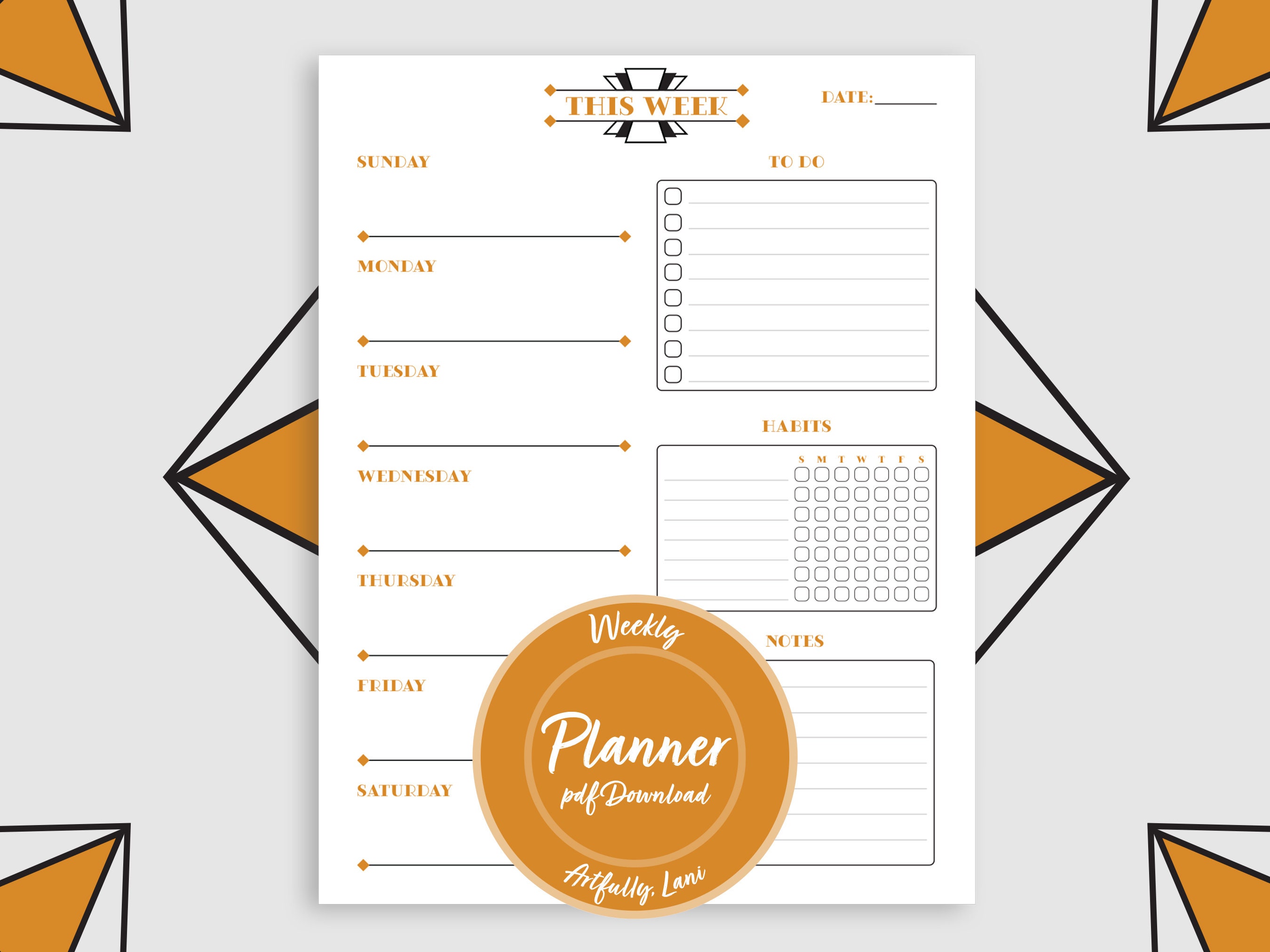 Printable Weekly Planner | Art Deco Style | Multiple Colors | Portrait ...