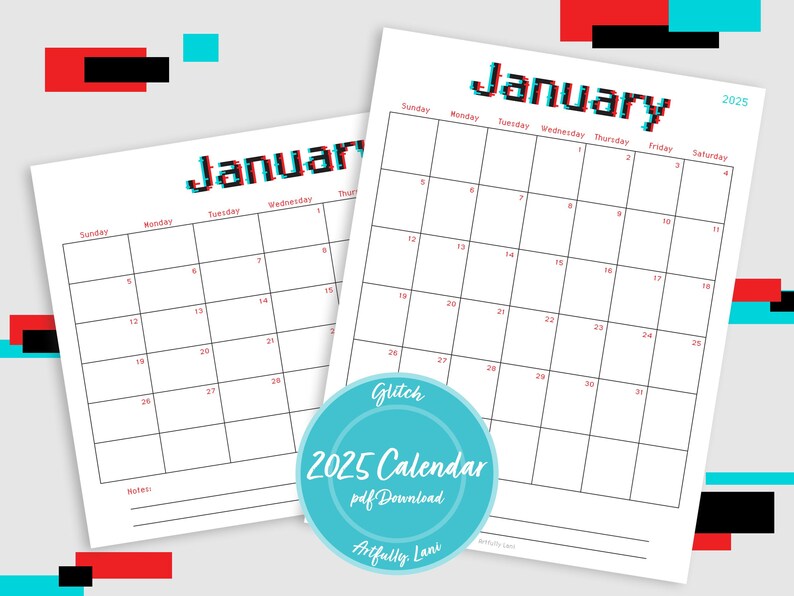 Printable 2025 Calendar With a Techie Glitch Theme for Home or Office