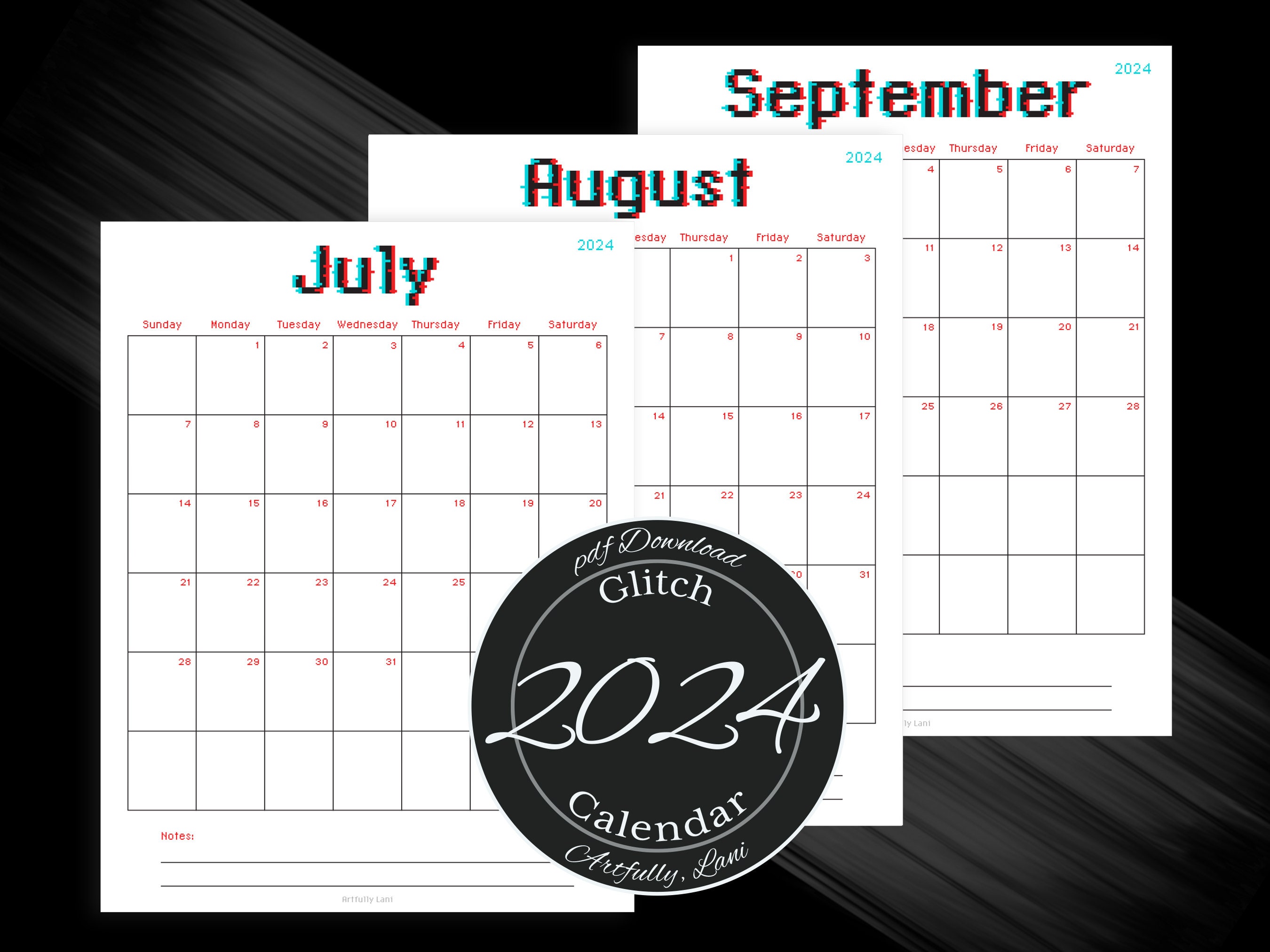 Printable Calendar for 2024 With a Fun Techie Glitch Theme for Home or