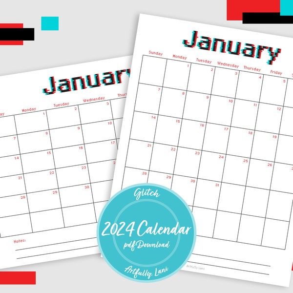 Printable Calendar for 2024 with a Fun Techie Glitch Theme for Home or Office | Jan-Dec | Sun-Sat | Portrait & Landscape | Downloadable PDF