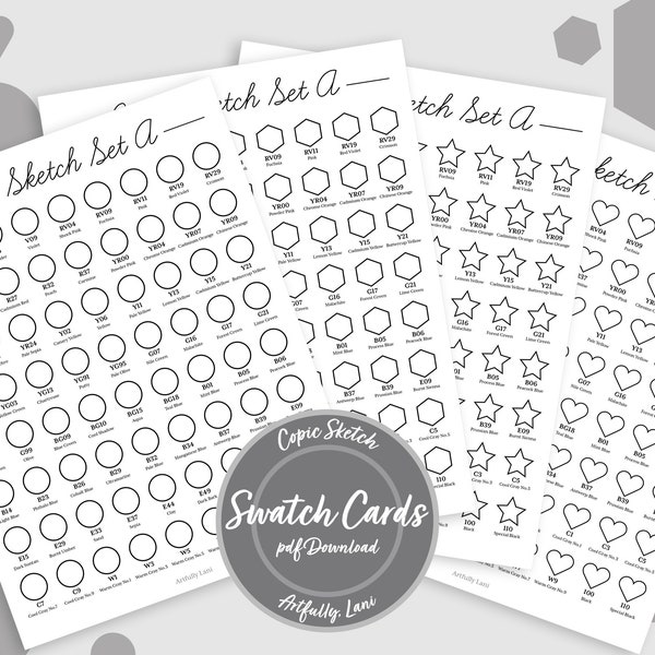 Printable Copic Sketch Swatch Card Art Supplies Bundle Featuring Four Unique Shapes | ABCDE Sets | Portrait Format | Downloadable PDF